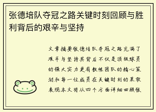 张德培队夺冠之路关键时刻回顾与胜利背后的艰辛与坚持