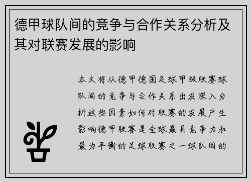 德甲球队间的竞争与合作关系分析及其对联赛发展的影响 德甲球队间的竞争与合作关系分析及其对联赛发展的影响