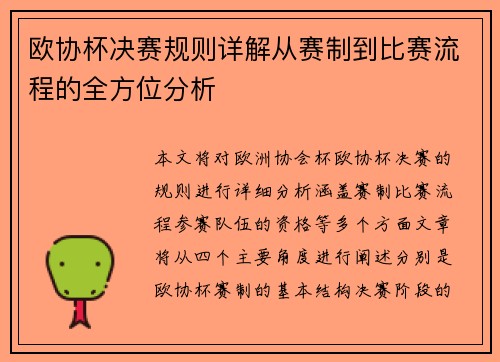 欧协杯决赛规则详解从赛制到比赛流程的全方位分析
