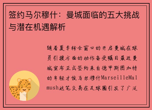 签约马尔穆什：曼城面临的五大挑战与潜在机遇解析