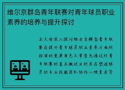 维尔京群岛青年联赛对青年球员职业素养的培养与提升探讨