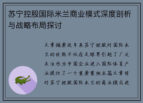 苏宁控股国际米兰商业模式深度剖析与战略布局探讨 苏宁控股国际米兰商业模式深度剖析与战略布局探讨