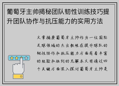 葡萄牙主帅揭秘团队韧性训练技巧提升团队协作与抗压能力的实用方法